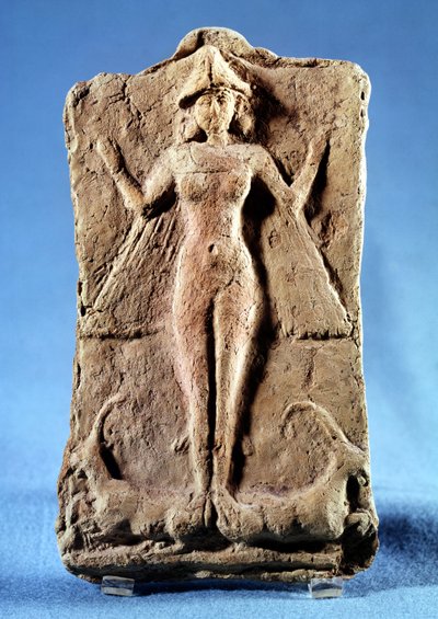 Plaque depicting a winged goddess, possibly Ishtar, standing on two ibexes, from Ras Shamra (Ugarit) 3rd millennium BC by Phoenician